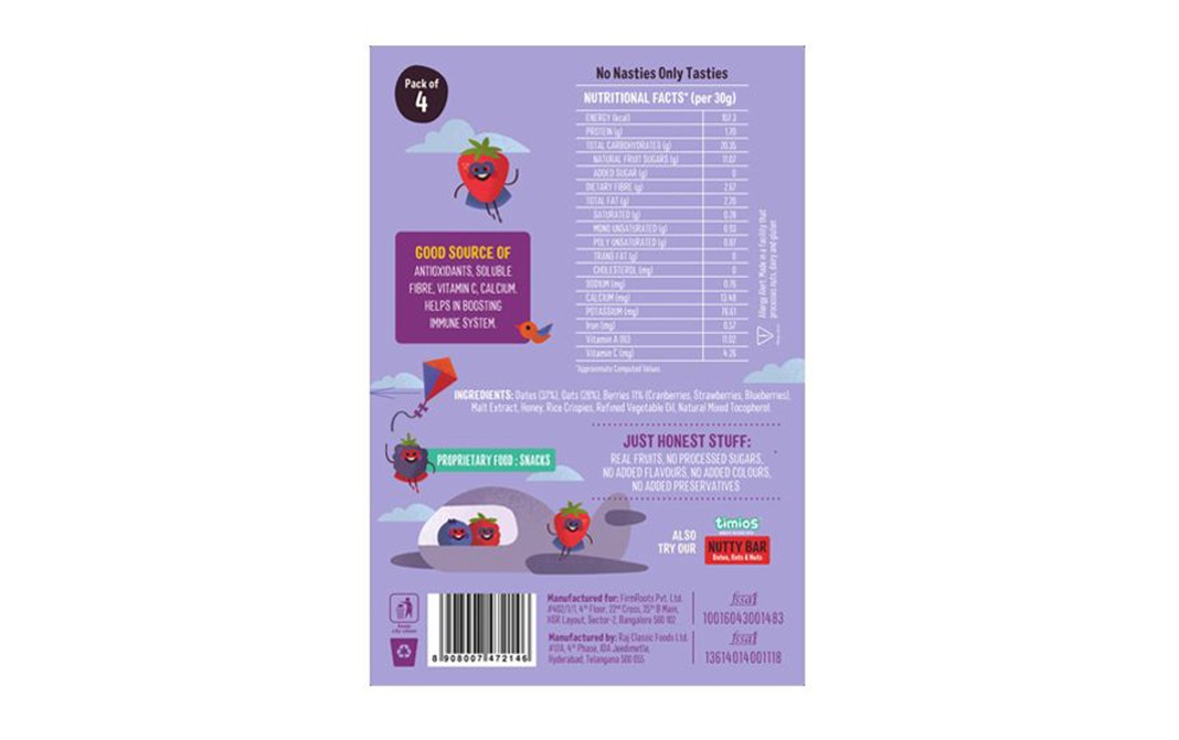 Timios Berry Bar Dates, Oats & Berries   Pack  120 grams